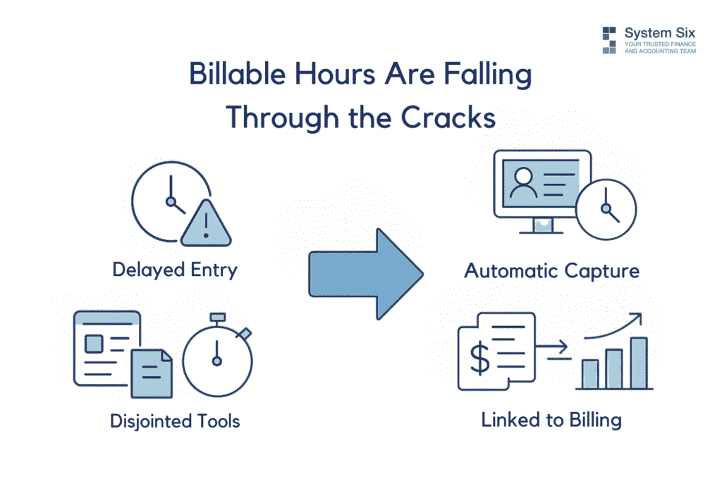 Illustration showing challenges with billable hours like delayed entry and disjointed tools, compared to solutions such as automatic capture and billing integration.
