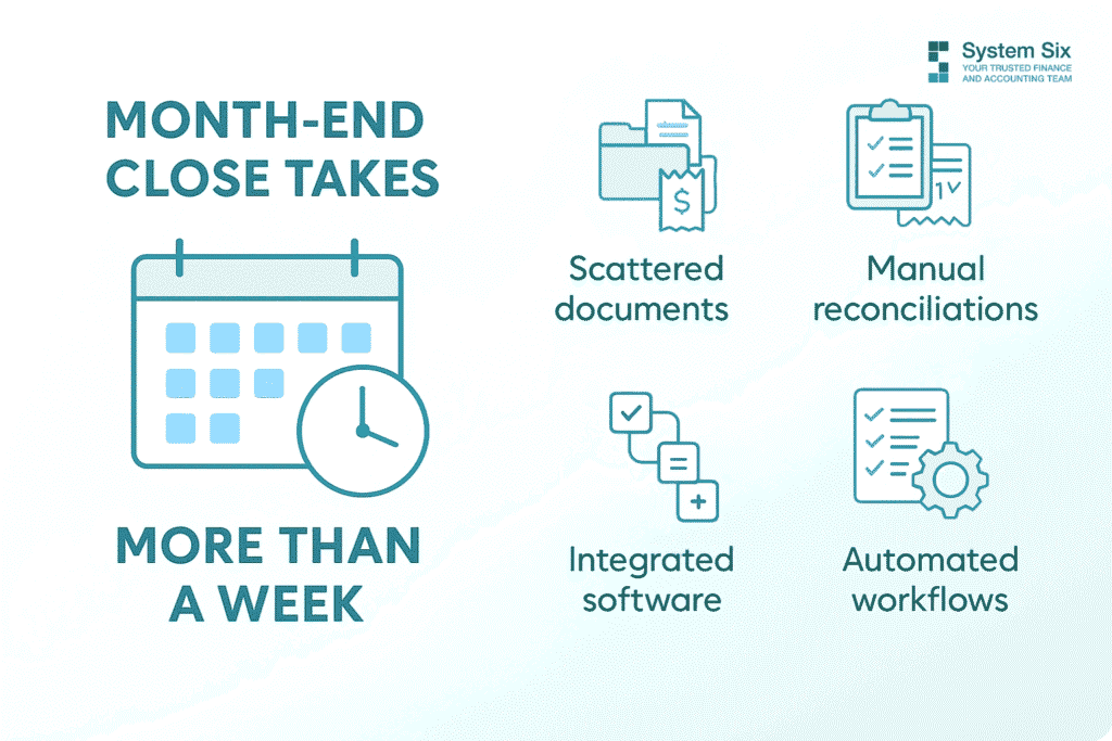 Graphic showing problems like scattered documents and manual reconciliations versus solutions like integrated software and automated workflows for faster month-end close.
