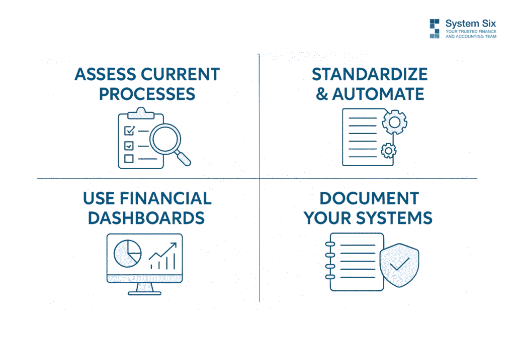 Infographic showing four steps to improve financial excellence: Assess Current Processes, Standardize & Automate, Use Financial Dashboards, Document Your Systems.