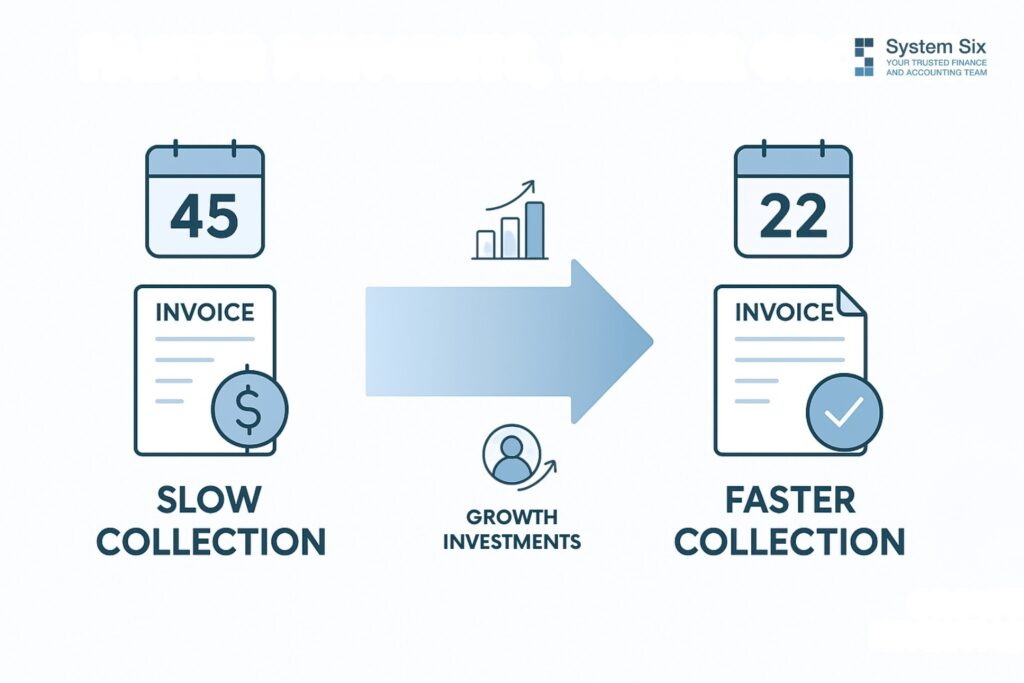 Illustration comparing slow invoice collection at 45 days with faster collection at 22 days, showing improved growth investments.