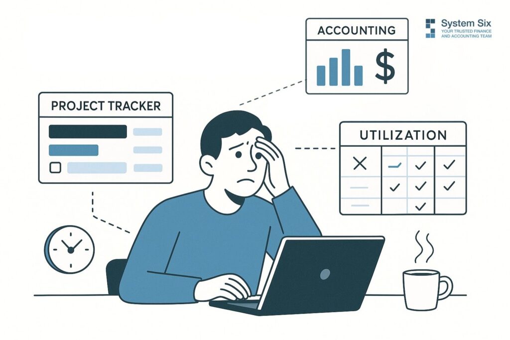 Illustration of a consultant stressed at a laptop surrounded by disconnected tools like project tracker, accounting reports, and utilization metrics.