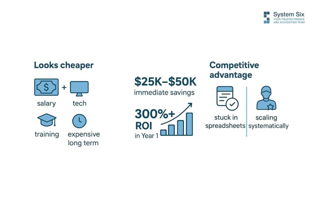 Graphic comparing financial outcomes: in-house bookkeeping appears cheaper but is expensive long term, while outsourcing provides $25K–$50K in immediate savings, 300%+ ROI in year one, and competitive advantage