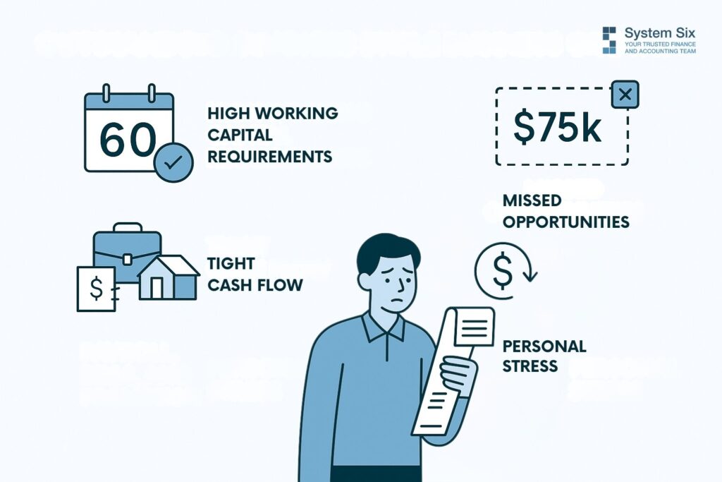 Illustration of a stressed consultant holding bills, surrounded by icons showing tight cash flow, high working capital requirements, missed $75k opportunities, and personal stress.