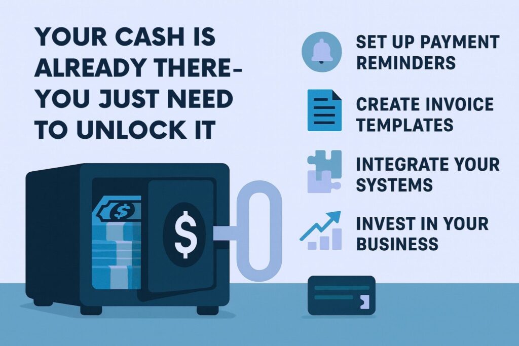 Graphic of a vault with cash inside and a key, alongside tips for unlocking receivables: set payment reminders, create invoice templates, integrate systems, and invest in your business.