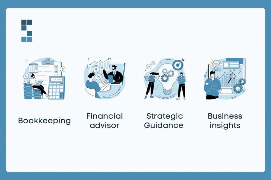 Illustrations of bookkeeping, financial advising, strategic guidance, and business insights as the evolving roles in consulting finance.