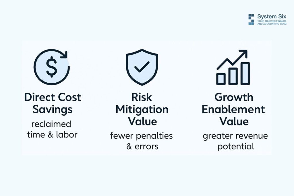 Three-part ROI framework showing direct cost savings, risk mitigation, and growth enablement value from automation.