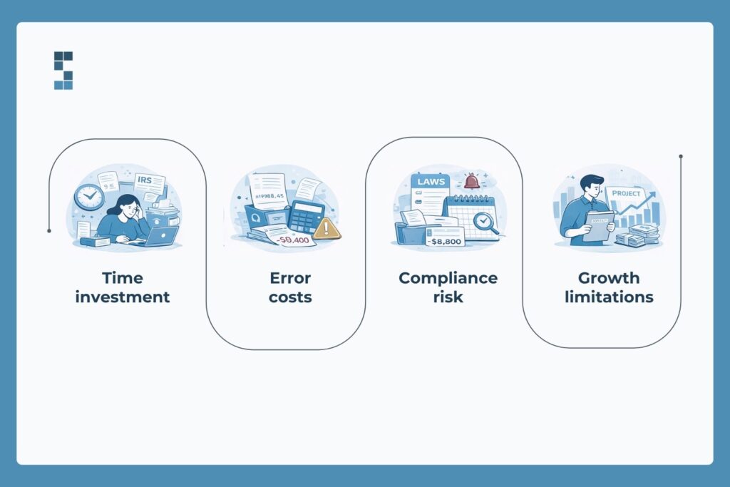 Hidden costs of DIY payroll including time investment, error costs, compliance risk, and growth limitations