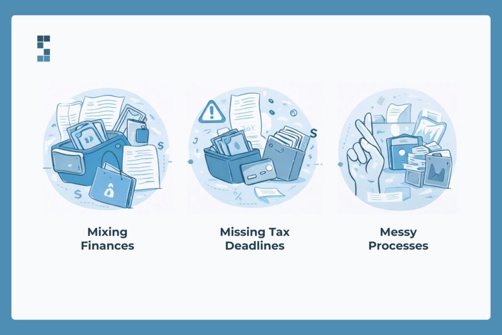 Common year-end bookkeeping issues including mixed finances, missed tax deadlines, and disorganized records