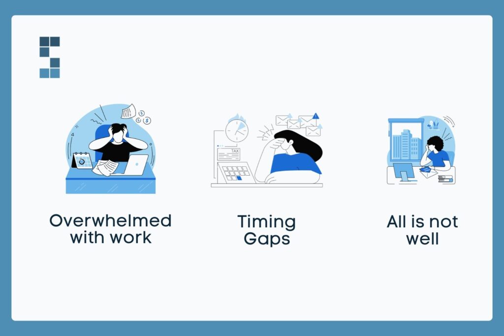 Illustrations of an overwhelmed worker, timing gaps, and signs of financial issues showing why monthly metrics matter.