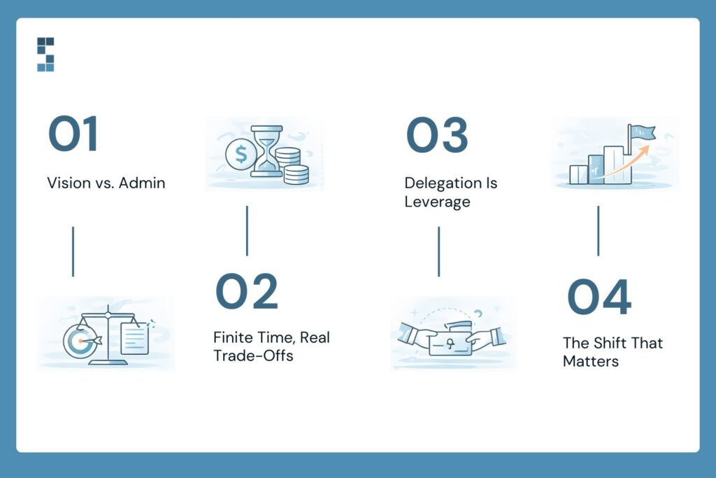 Diagram highlighting the shift from administrative payroll work to leadership focus, showing delegation as leverage and the trade-offs of limited time for business owners.