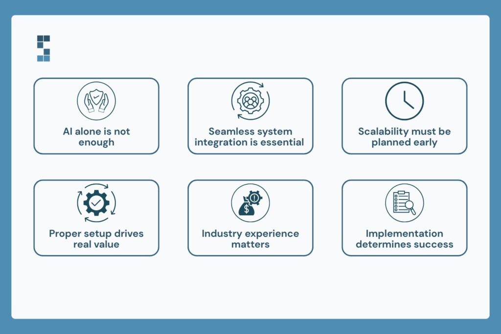 Icons highlighting AI limitations, system integration needs, scalability planning, and the role of human expertise in bookkeeping