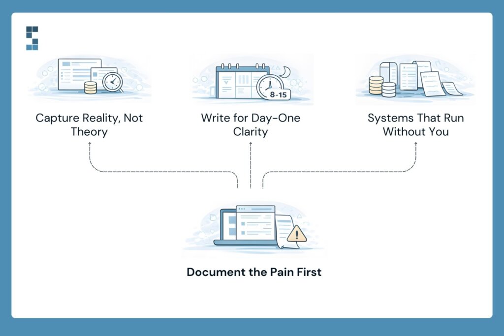 Visual explaining how documenting real financial pain points helps create clear, scalable SOPs.