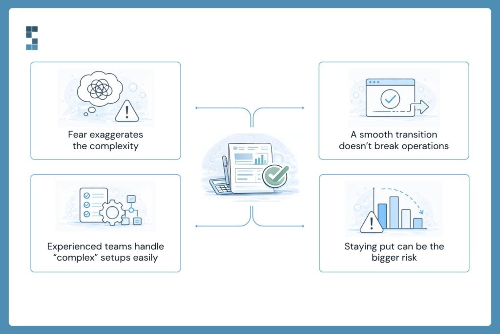 Common fears about switching bookkeeping providers including complexity concerns and operational risks versus smooth transition