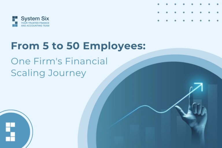 Financial scaling journey of a consulting firm growing from 5 to 50 employees with business growth visualization