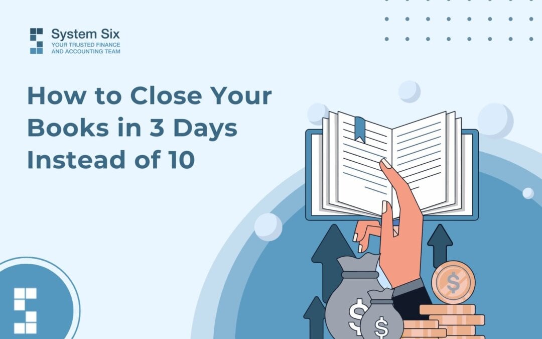 Illustration showing financial records, accounting books, cash bags, and growth arrows representing strategies to reduce month-end close time from 10 days to 3 days through streamlined bookkeeping processes.