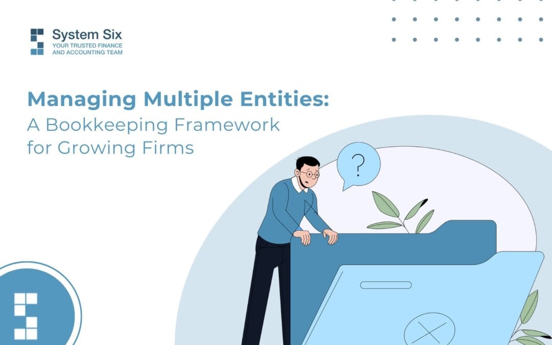 Illustration of a business owner looking into a large file folder, representing the challenges of managing bookkeeping, records, and reporting across multiple business entities.