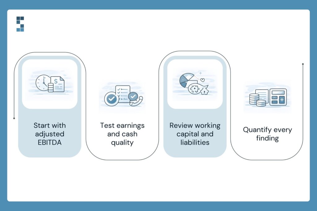 Infographic illustrating the core components of a quality of earnings (QoE) report, including adjusted EBITDA analysis, earnings and cash quality testing, working capital and liabilities review, and quantified findings used during M&A due diligence.