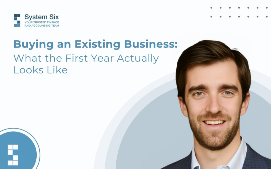 Illustration featuring Chris Williams with insights on navigating the first year after acquiring a business, including financial management, team leadership, and growth.